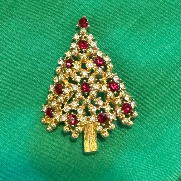 Eisenberg Christmas Tree Pin Brooch Gold Rhinestones Vintage - Picture 2 of 6